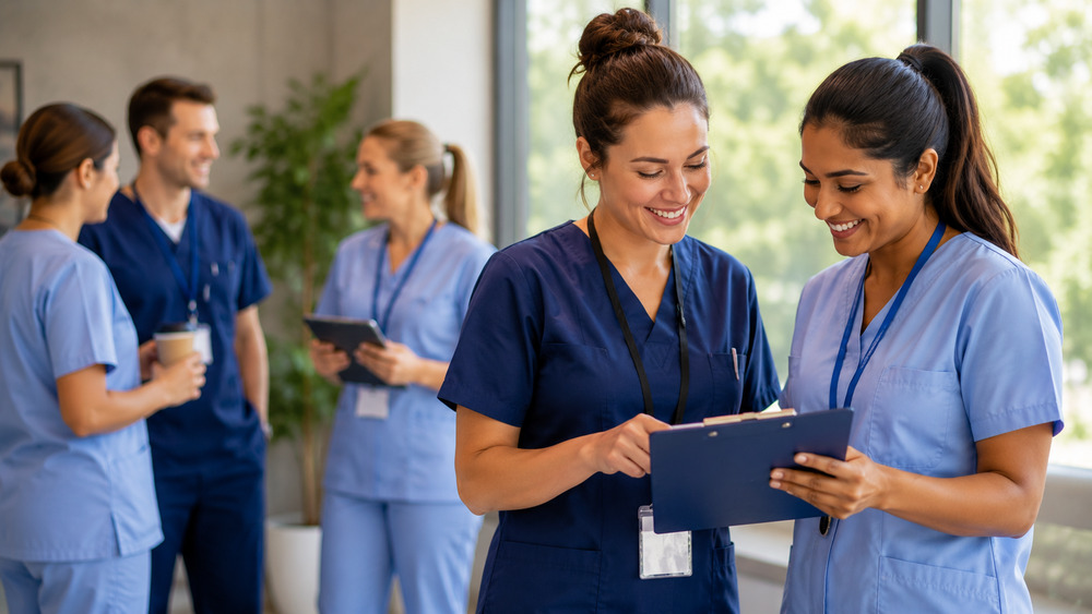 A nursing professional being interviewed by a nursing job interview panel 