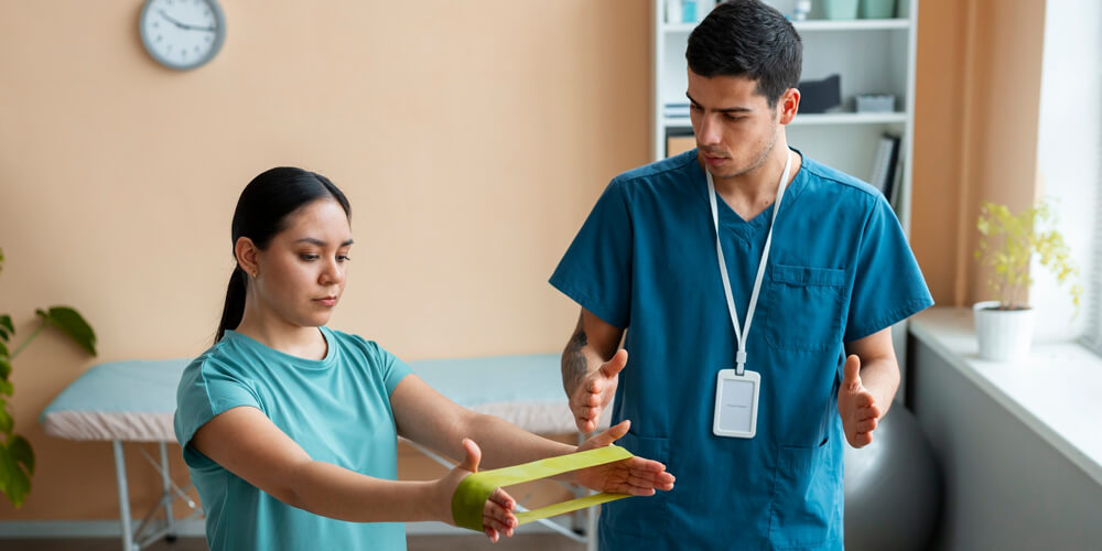 A nurse standing in a ward while a doctor examines the patient.