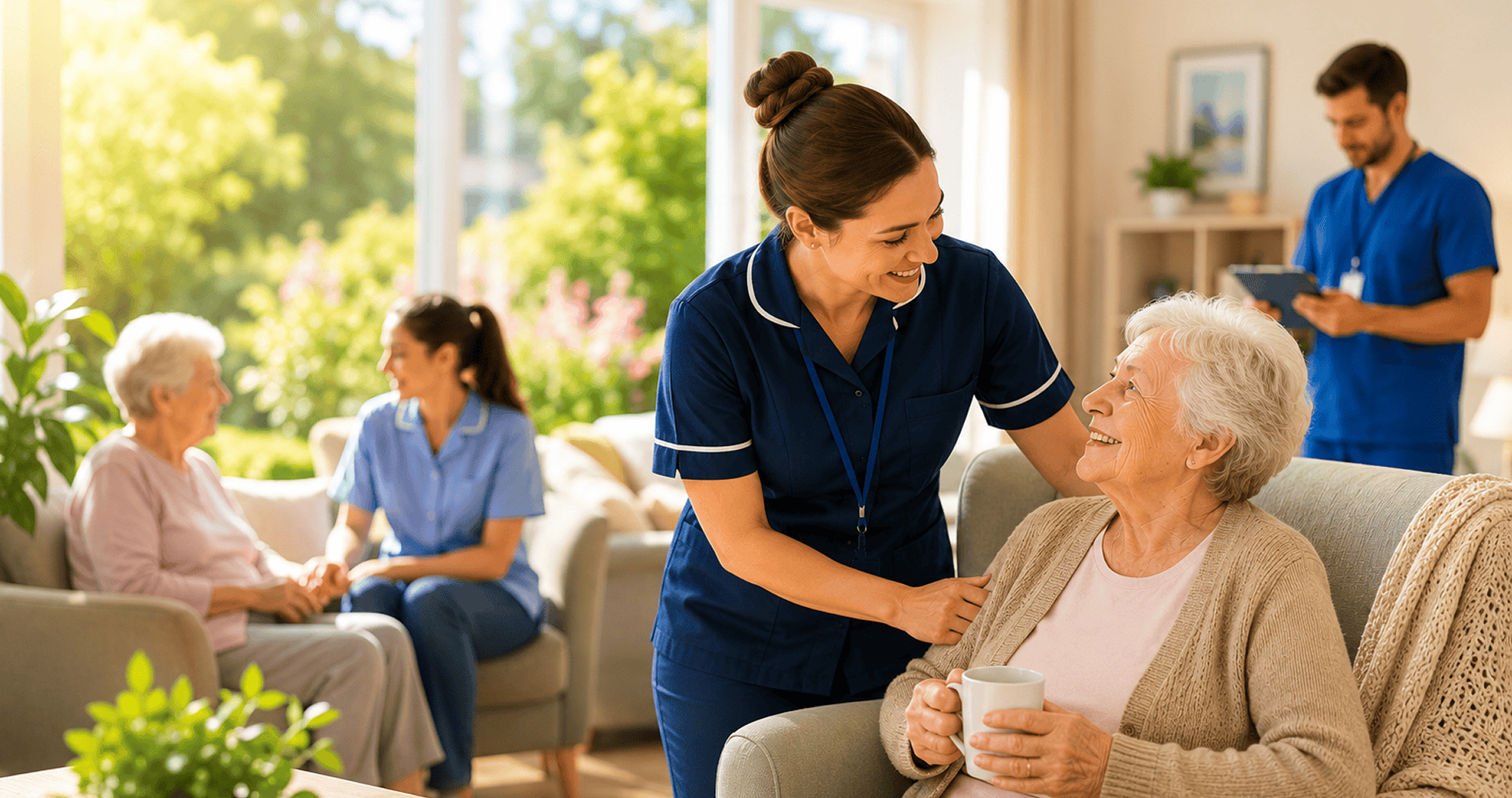 Healthcare professionals supporting residents in a UK care home during the busy summer staffing period